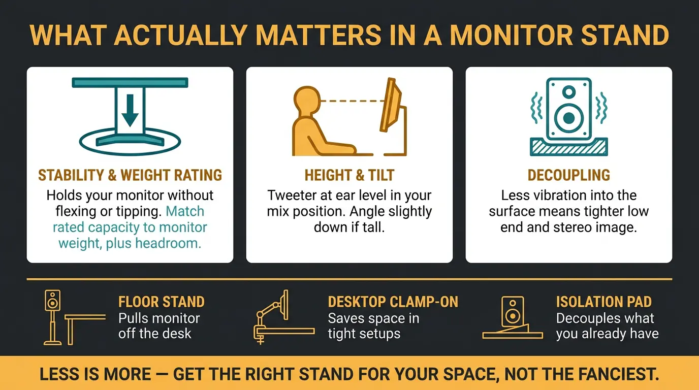 Infographic of three key monitor stand factors and three stand types compared.