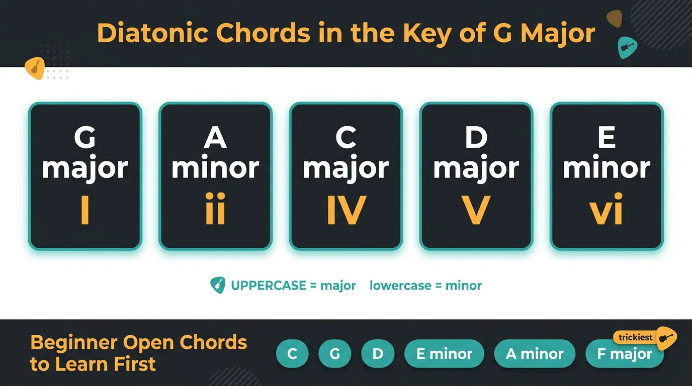 Infographic of key of G diatonic chords G, Am, C, D, Em with Roman numerals, plus beginner open chords.
