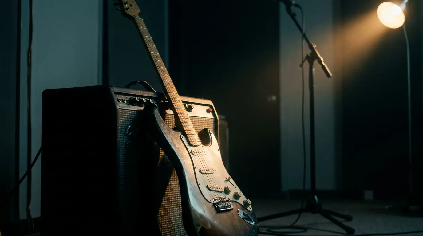 An electric guitar leaning against an amp in a dark studio, a shaft of warm light catching its strings.