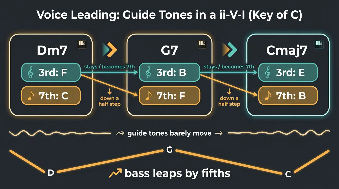 Infographic of a C-key ii-V-I showing guide tones: each chord's 7th drops a half step to the next chord's 3rd while bass leap