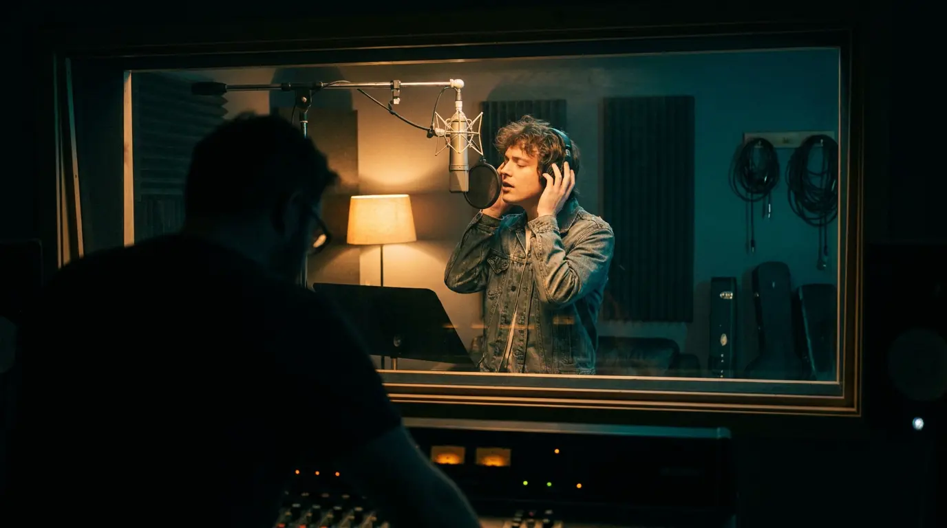 A singer in warm lamplight at a mic while a producer watches from the shadowed foreground of a studio at night.