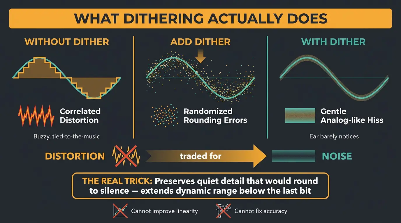 Three-panel infographic showing quantization distortion, adding dither noise, and resulting gentle hiss that preserves detail