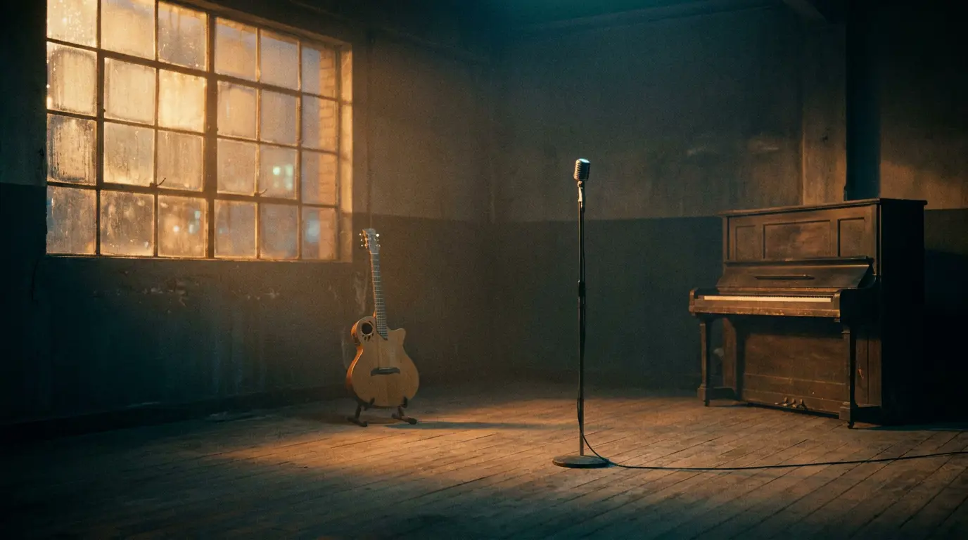 Dim rehearsal room with a guitar, upright piano, and a lone mic stand lit by warm window light