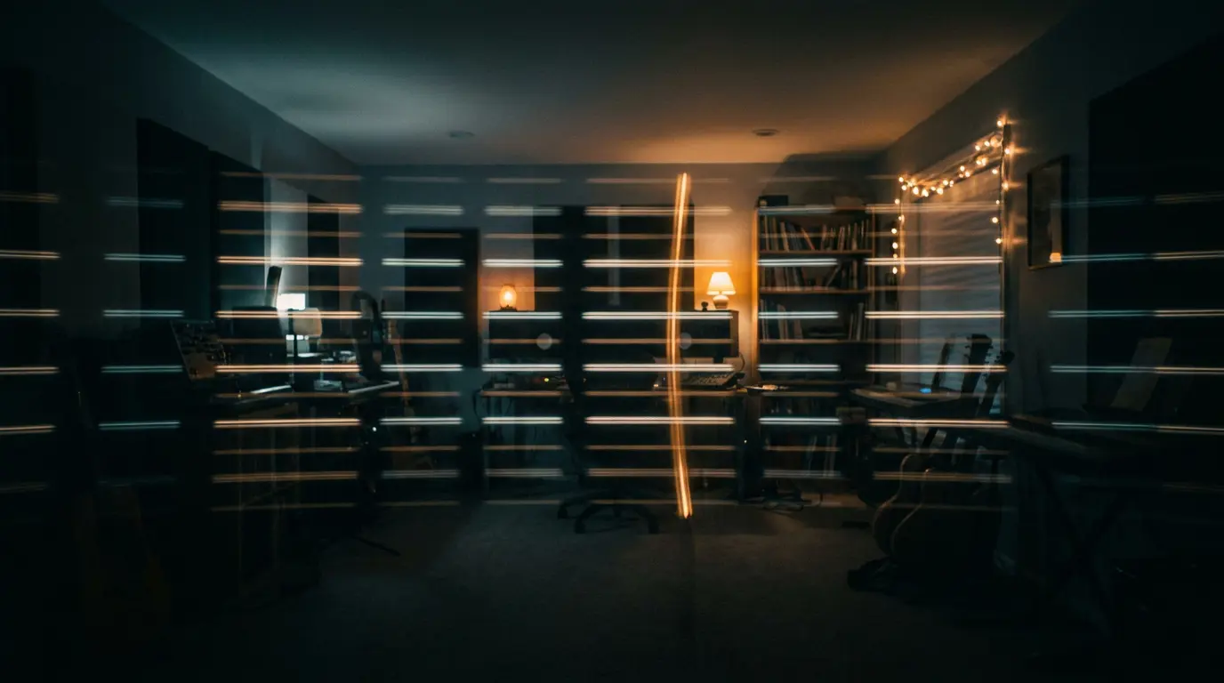 Dark studio with glowing horizontal light bands crossed by an amber vertical streak, warm lamps in shadow.