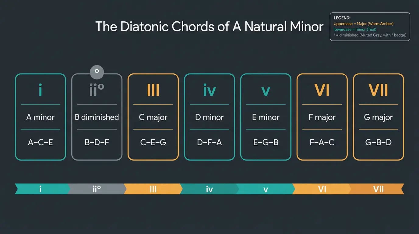 Infographic of A natural minor chords i to VII, color-coded minor teal, major amber, diminished gray.