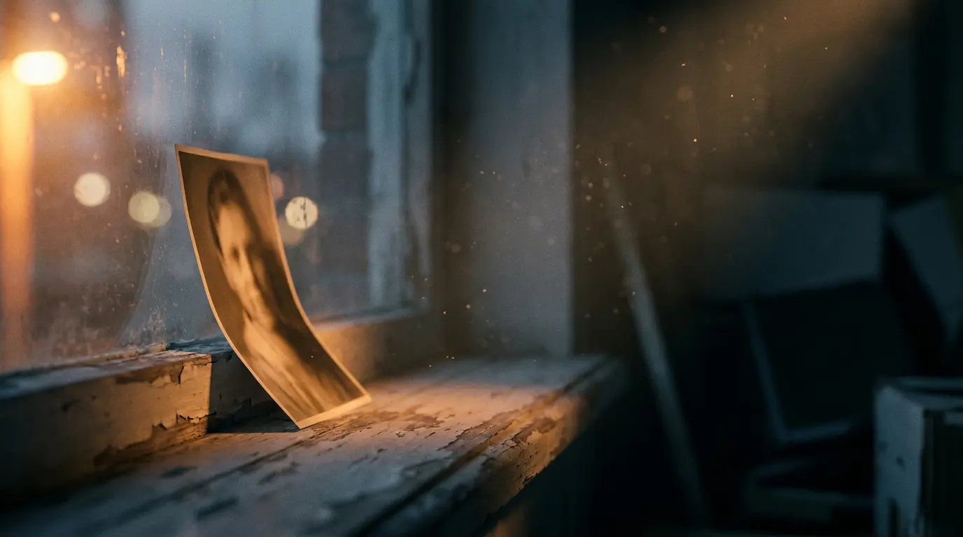 An old curled photograph on a windowsill at dusk, warm light raking its edges against cool shadows.