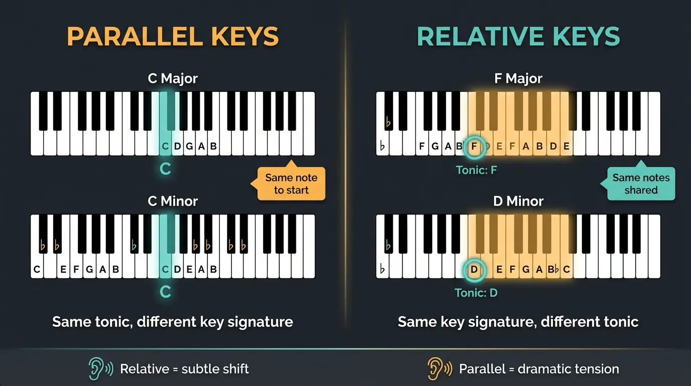 Infographic comparing parallel keys (same tonic) and relative keys (same key signature) using labeled keyboard diagrams.