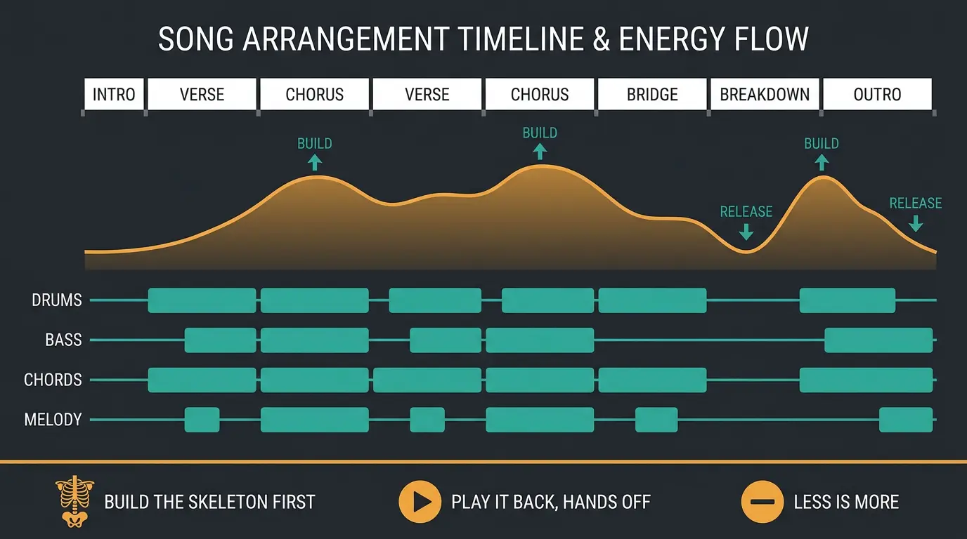 Arrangement infographic showing a song timeline, energy curve with build and release, track lanes, and three tips.