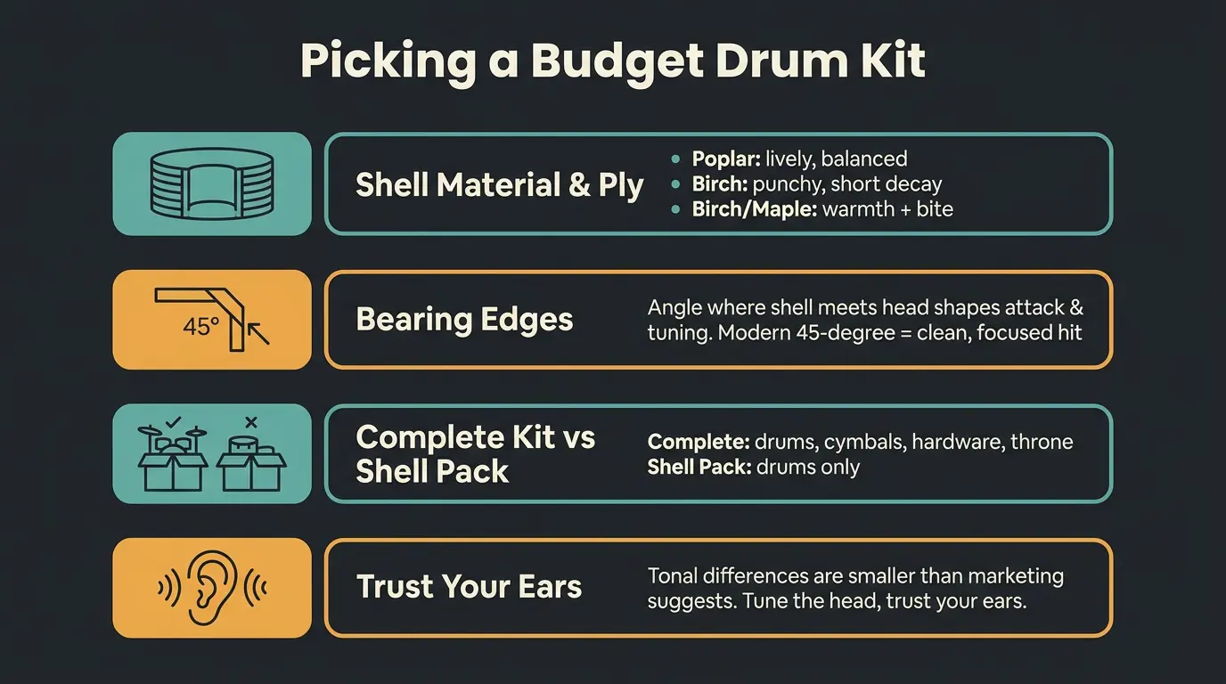 Infographic listing four budget drum kit factors: shell material, bearing edges, complete vs shell pack, and trusting your ea