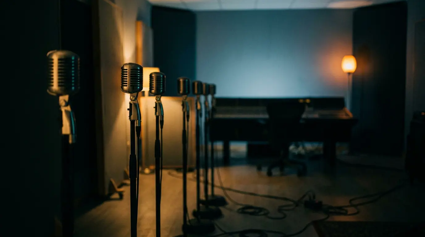 A line of ribbon microphones on stands in a dim studio, the nearest lit by a warm shaft of light, desk in shadow.