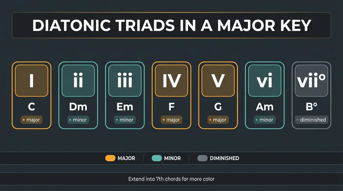 Infographic showing the seven diatonic triads in a major key with Roman numerals and chord qualities color-coded.
