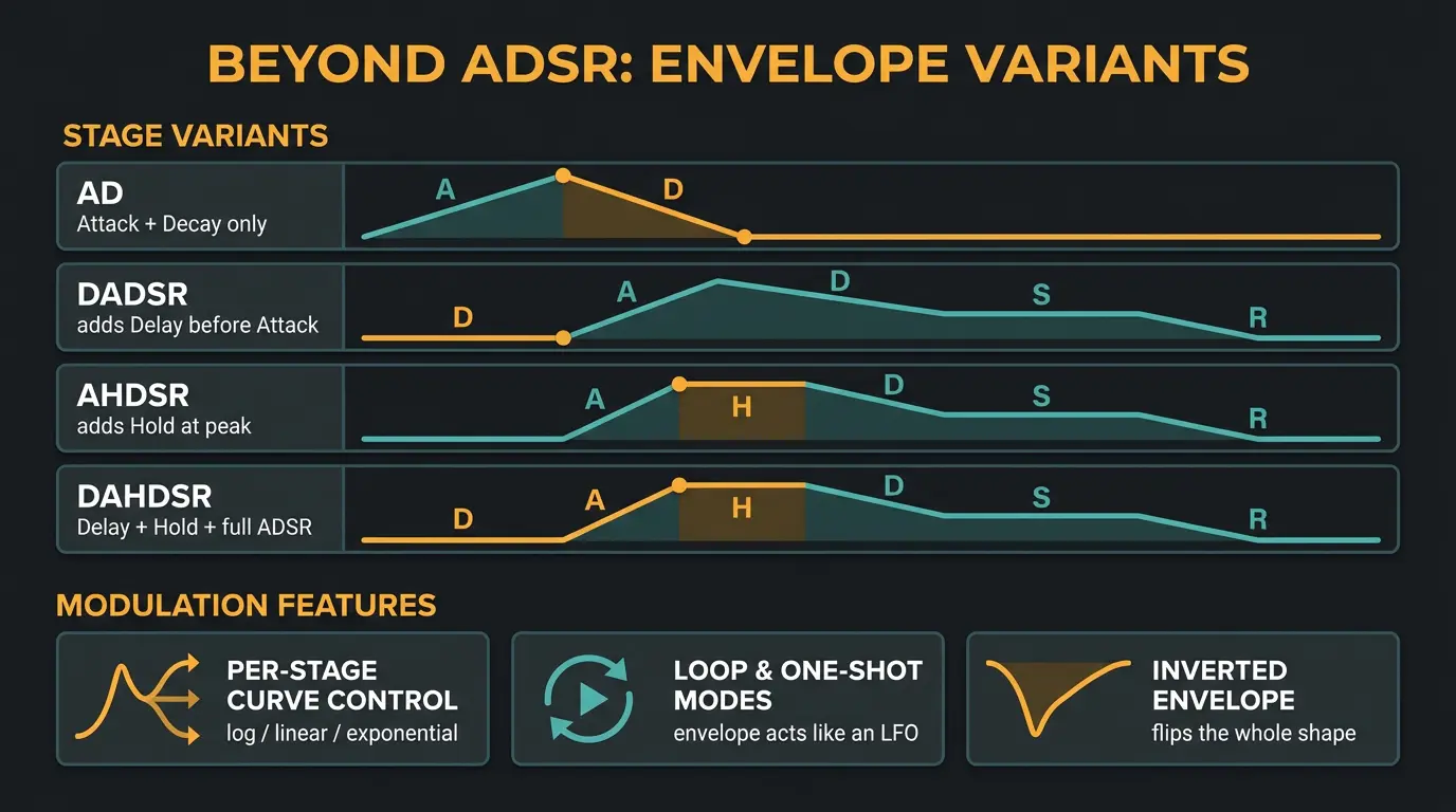 Infographic showing ADSR envelope variants AD, DADSR, AHDSR, DAHDSR plus curve, loop, and invert features.