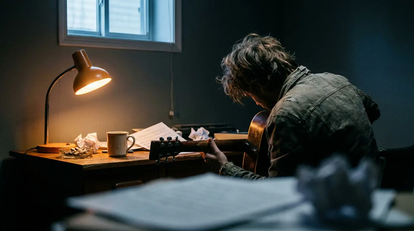 Songwriter hunched over an acoustic guitar at a cluttered desk lit by a warm lamp in a dim studio