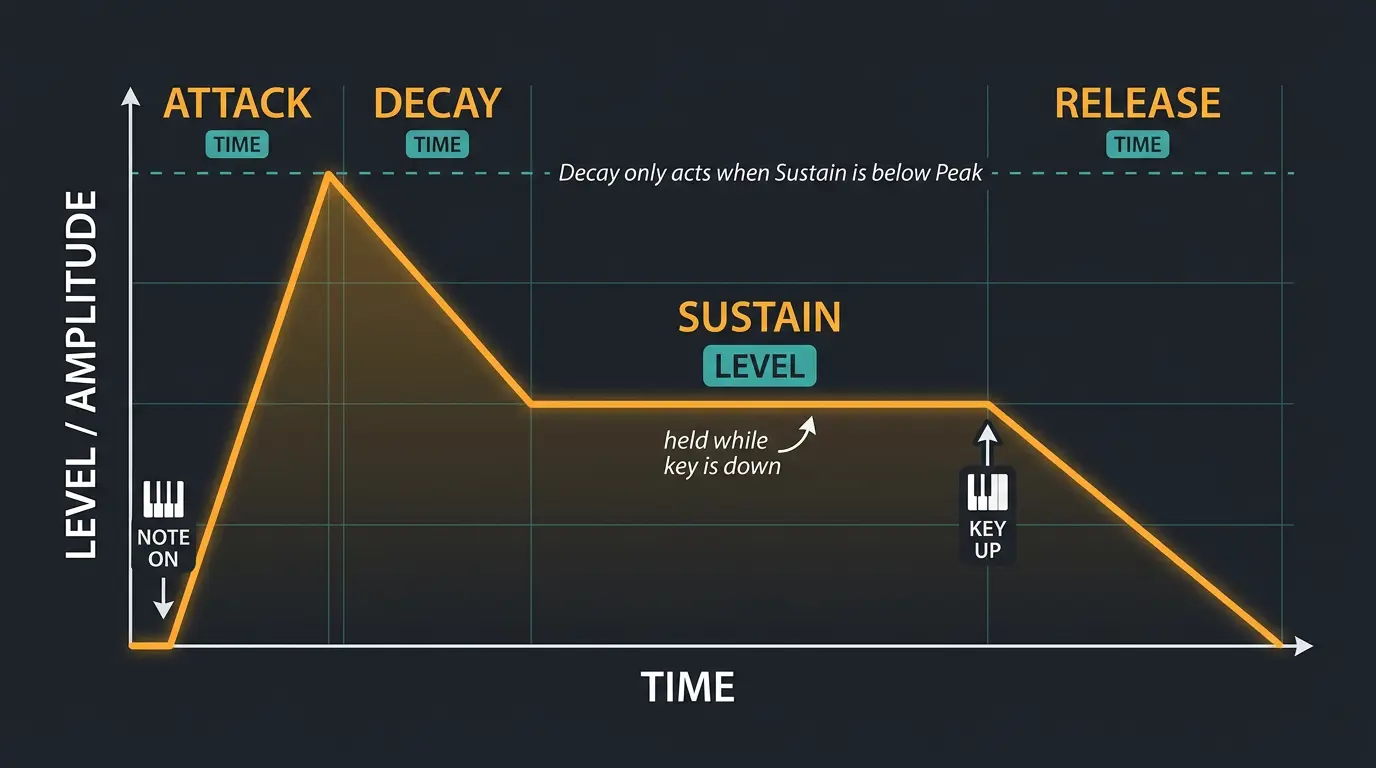 ADSR envelope curve labeling Attack, Decay, Release as times and Sustain as a level, on amplitude vs time axes.