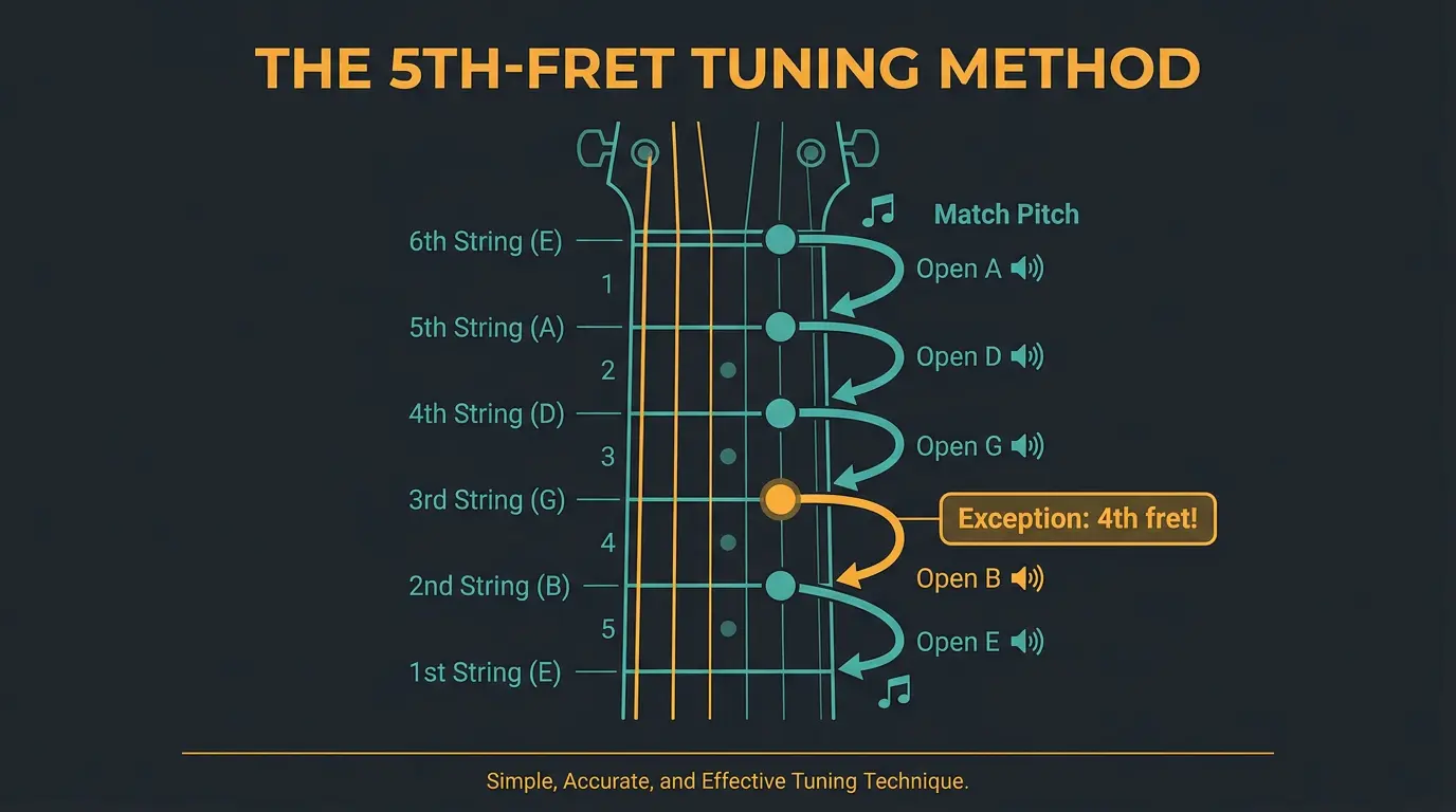Fretboard infographic showing 5th-fret tuning method with teal arrows and an amber-highlighted 4th-fret G-to-B exception.