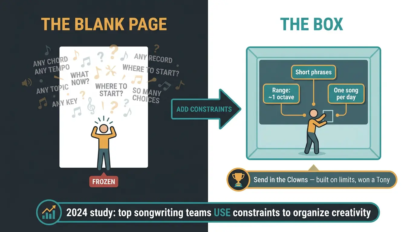 Infographic contrasting an overwhelmed writer at a blank page versus a focused writer working within labeled creative constra