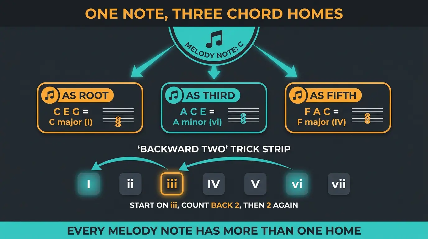Infographic showing one melody note fitting three chords as root, third, or fifth, plus a count-back-two trick.