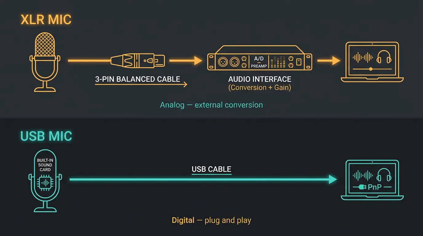Infographic comparing XLR mic signal chain through an audio interface versus a USB mic plugging straight into a computer.