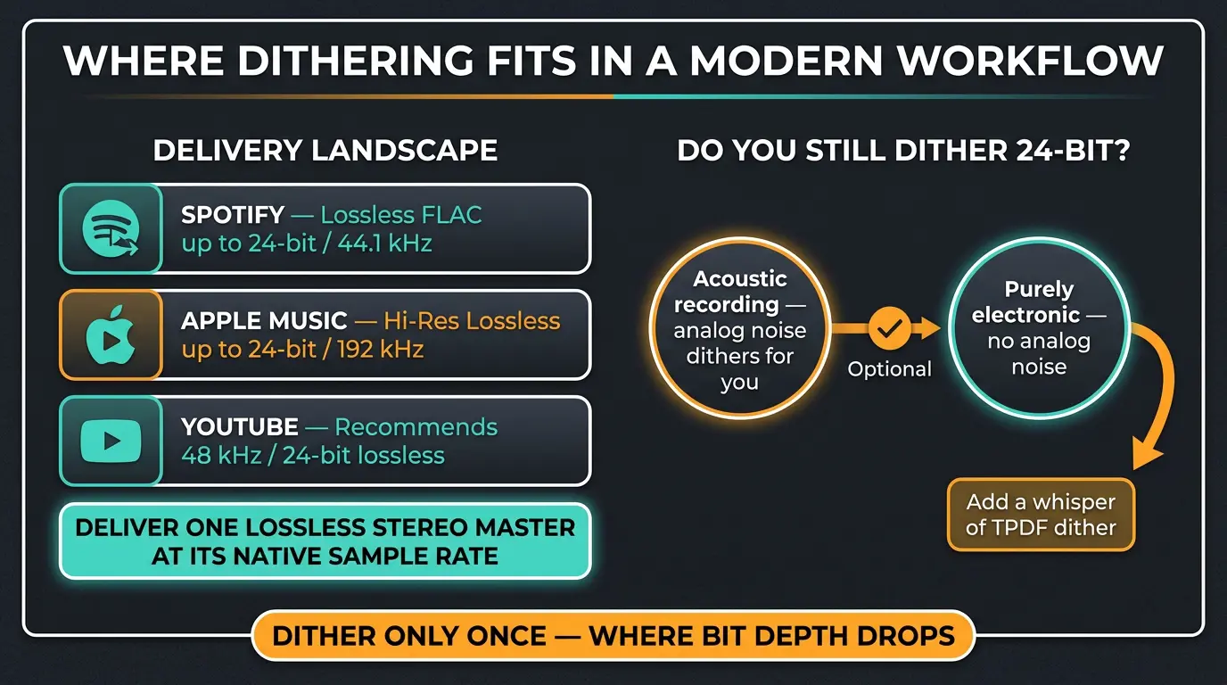 Infographic showing streaming platform lossless specs and when to apply dither once at final bit-depth reduction.