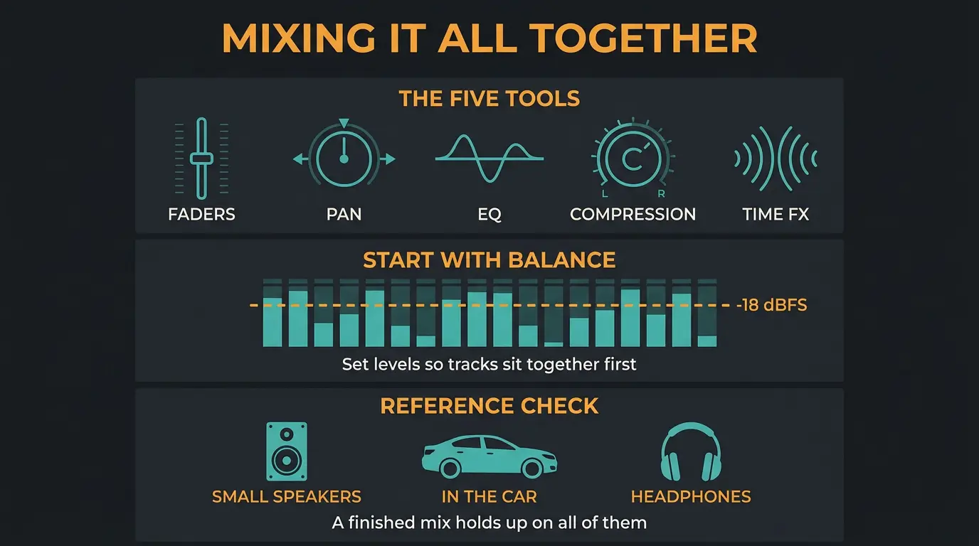Infographic showing five mixing tools, a -18 dBFS balance meter, and reference-check on speakers, car, and headphones.