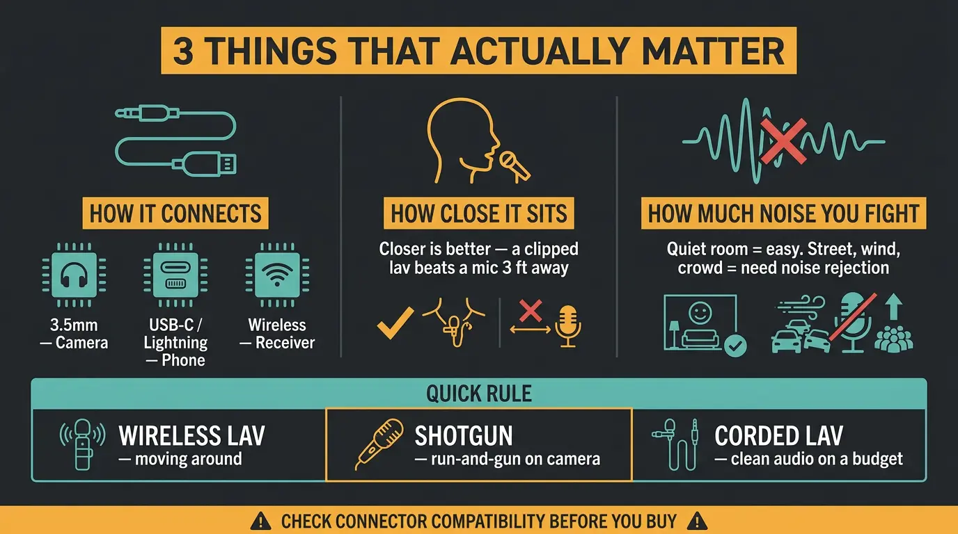 Infographic showing three vlogging mic factors—connection, distance, noise—plus a quick rule comparing wireless lav, shotgun,