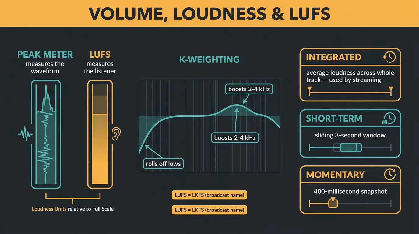 Infographic comparing peak meters and LUFS, K-weighting curve, and the three LUFS types: integrated, short-term, momentary.