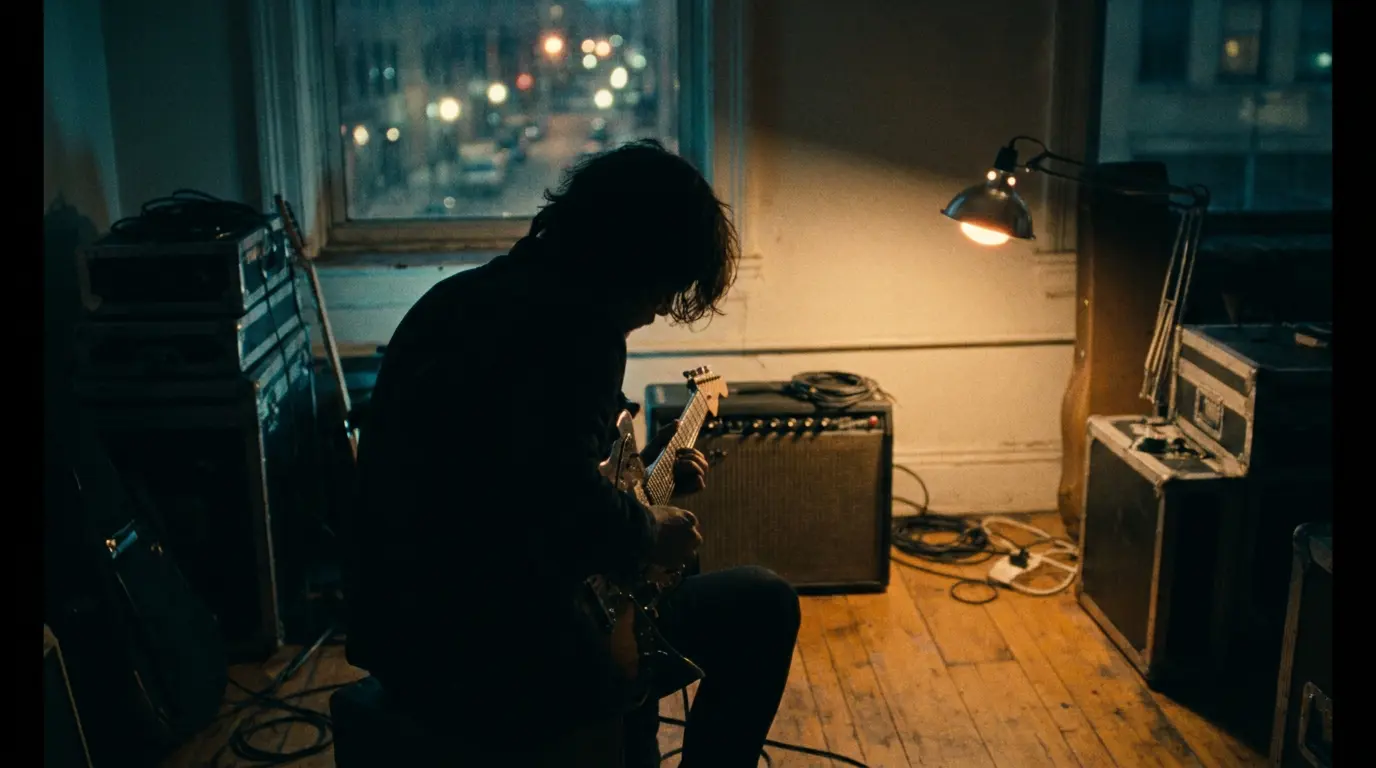A guitarist seen from behind playing in a dim rehearsal room lit by a warm corner lamp against cool shadows.