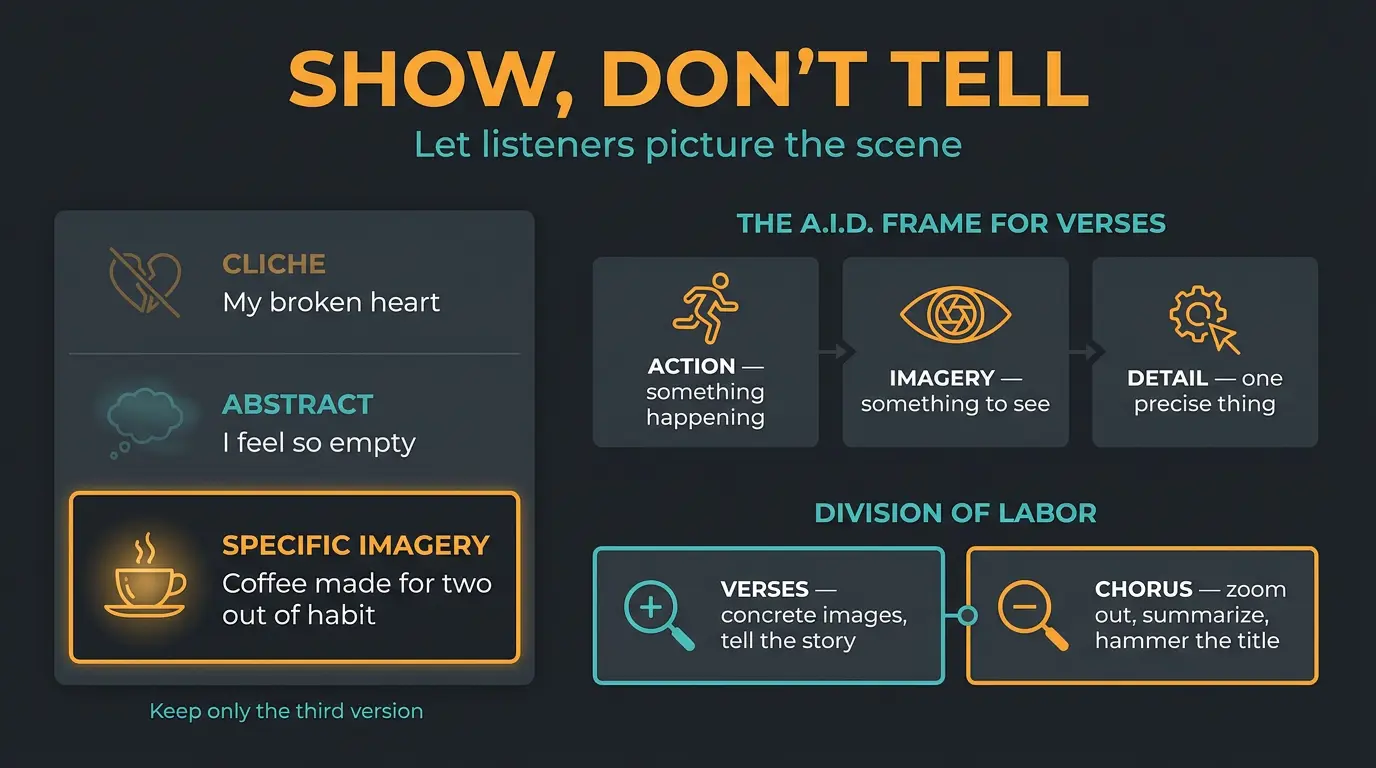 Infographic showing cliche vs abstract vs specific imagery, the Action-Imagery-Detail frame, and verse-versus-chorus roles.