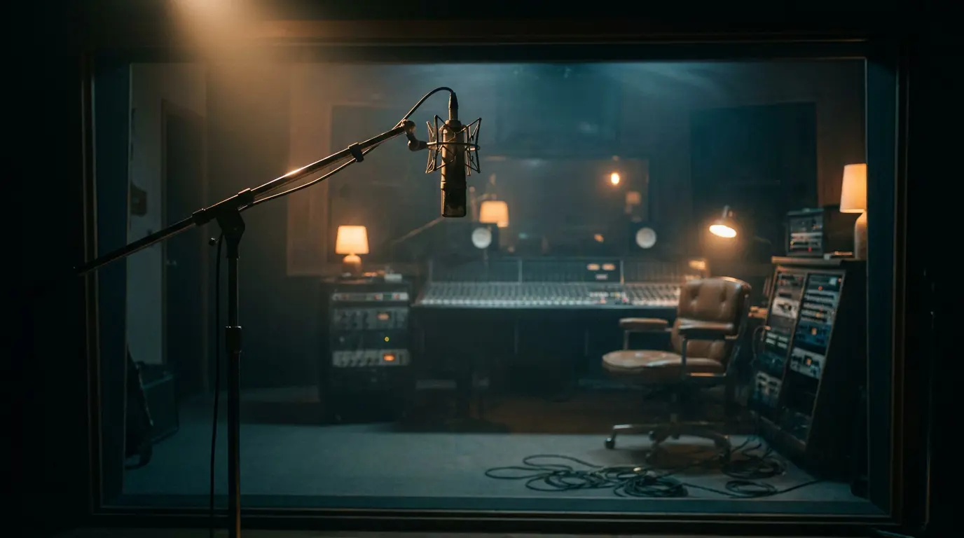 A vocal mic in a warm shaft of light, mixing desk silhouetted in shadow across a dim studio.