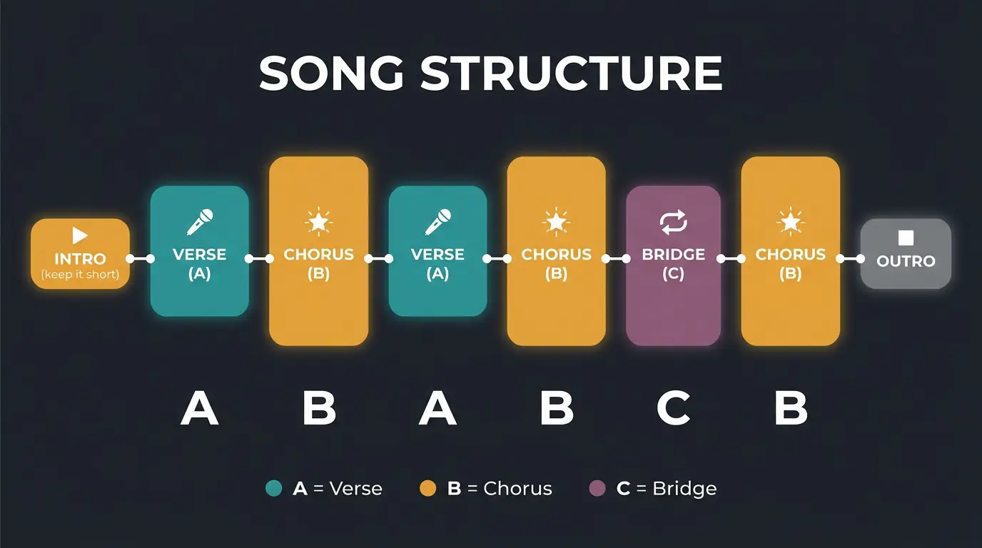 Timeline infographic of song structure showing intro, verse, chorus, verse, chorus, bridge, chorus, outro labeled ABABCB.