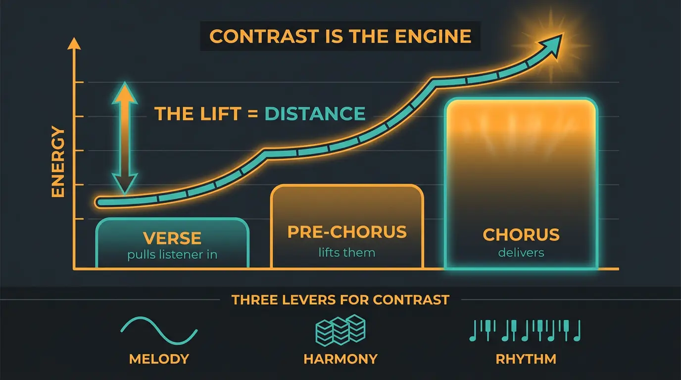 Rising energy arc over verse, pre-chorus, chorus platforms with a 'lift' arrow and three contrast levers.