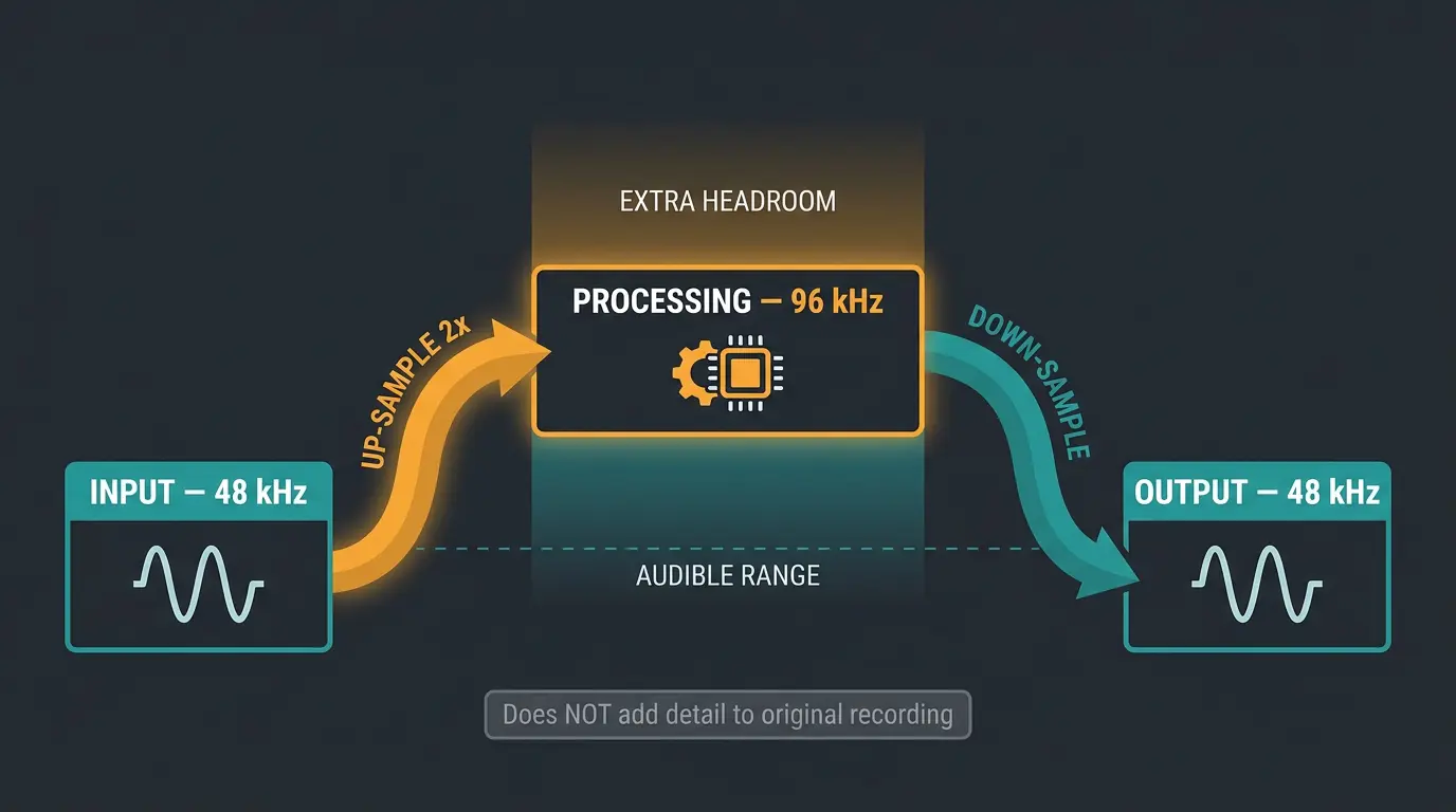 Signal chain diagram: 48kHz input up-sampled to 96kHz processing with extra headroom, then down-sampled to 48kHz output.