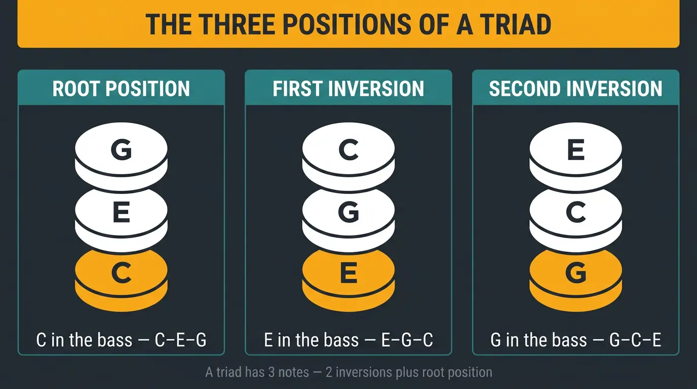 Infographic showing C major triad in root, first, and second inversion with bass notes highlighted.