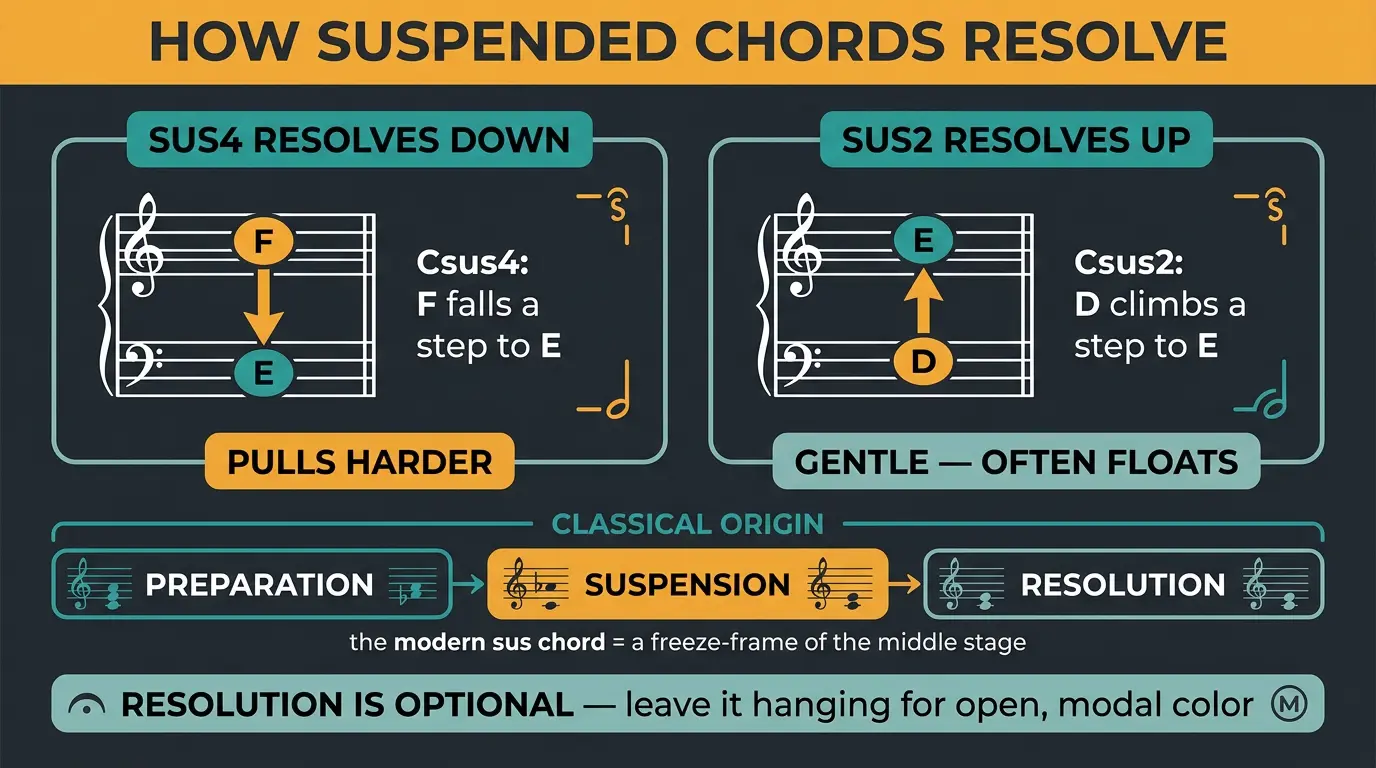 Infographic comparing sus4 resolving down F to E and sus2 resolving up D to E, plus classical suspension stages.