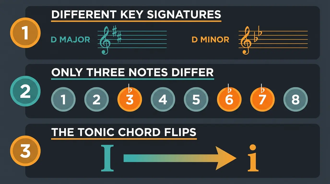 Infographic showing parallel major to minor changes: key signatures, flatted 3rd/6th/7th, and I to i chord flip.