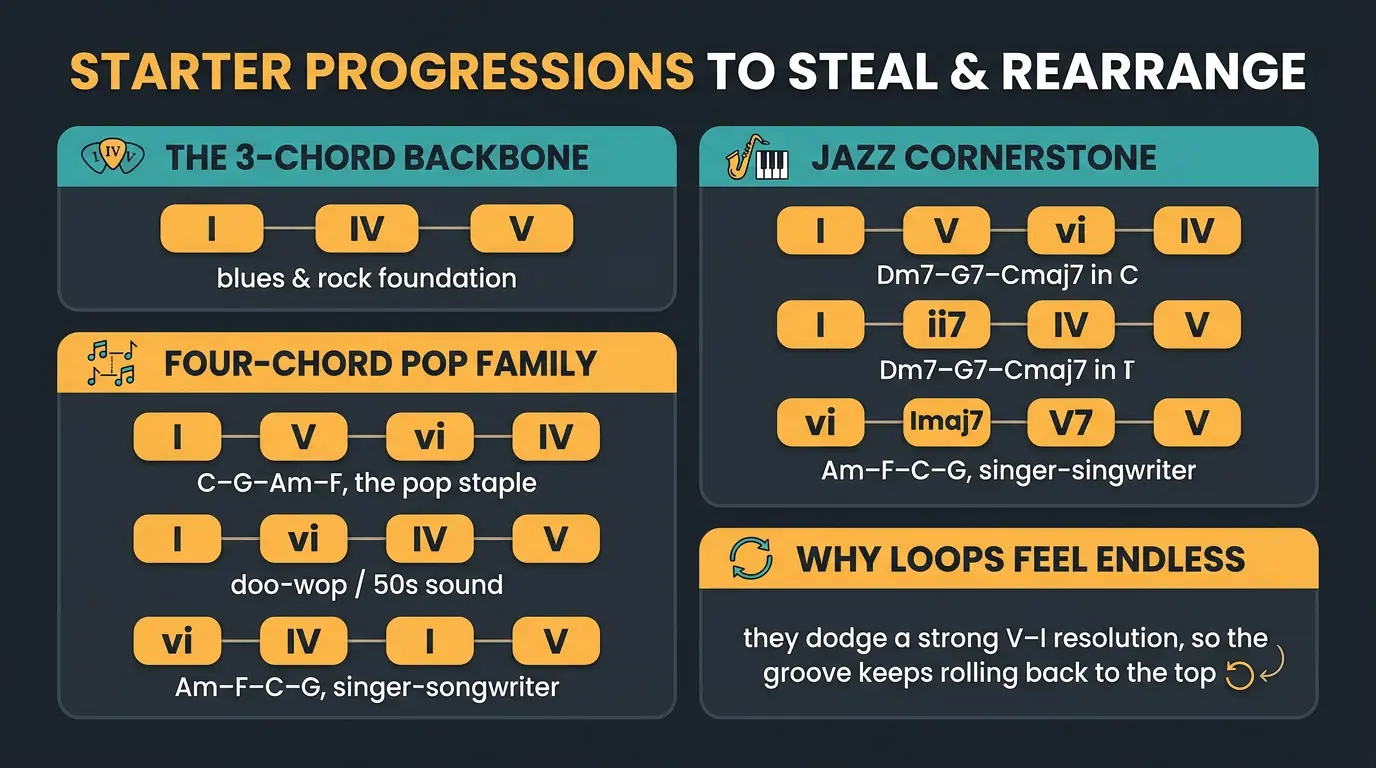 Infographic listing starter chord progressions: I-IV-V blues, four pop orders, ii-V-I jazz, and why loops feel endless.