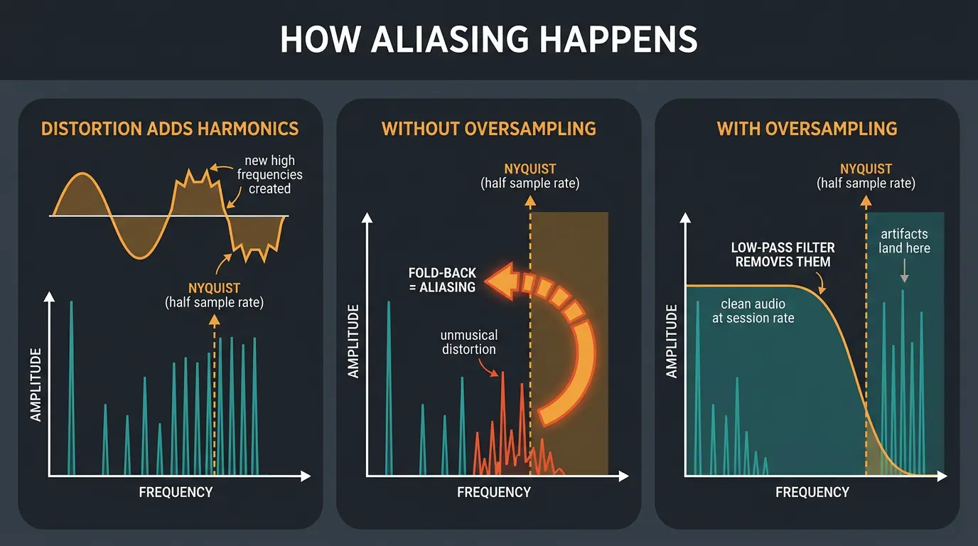 Three-panel infographic showing distortion creating harmonics, aliasing fold-back, and oversampling filtering artifacts.