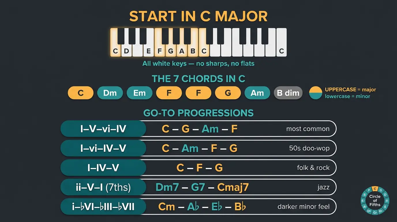 Infographic showing C major keyboard, its 7 chords, and five common piano chord progressions.