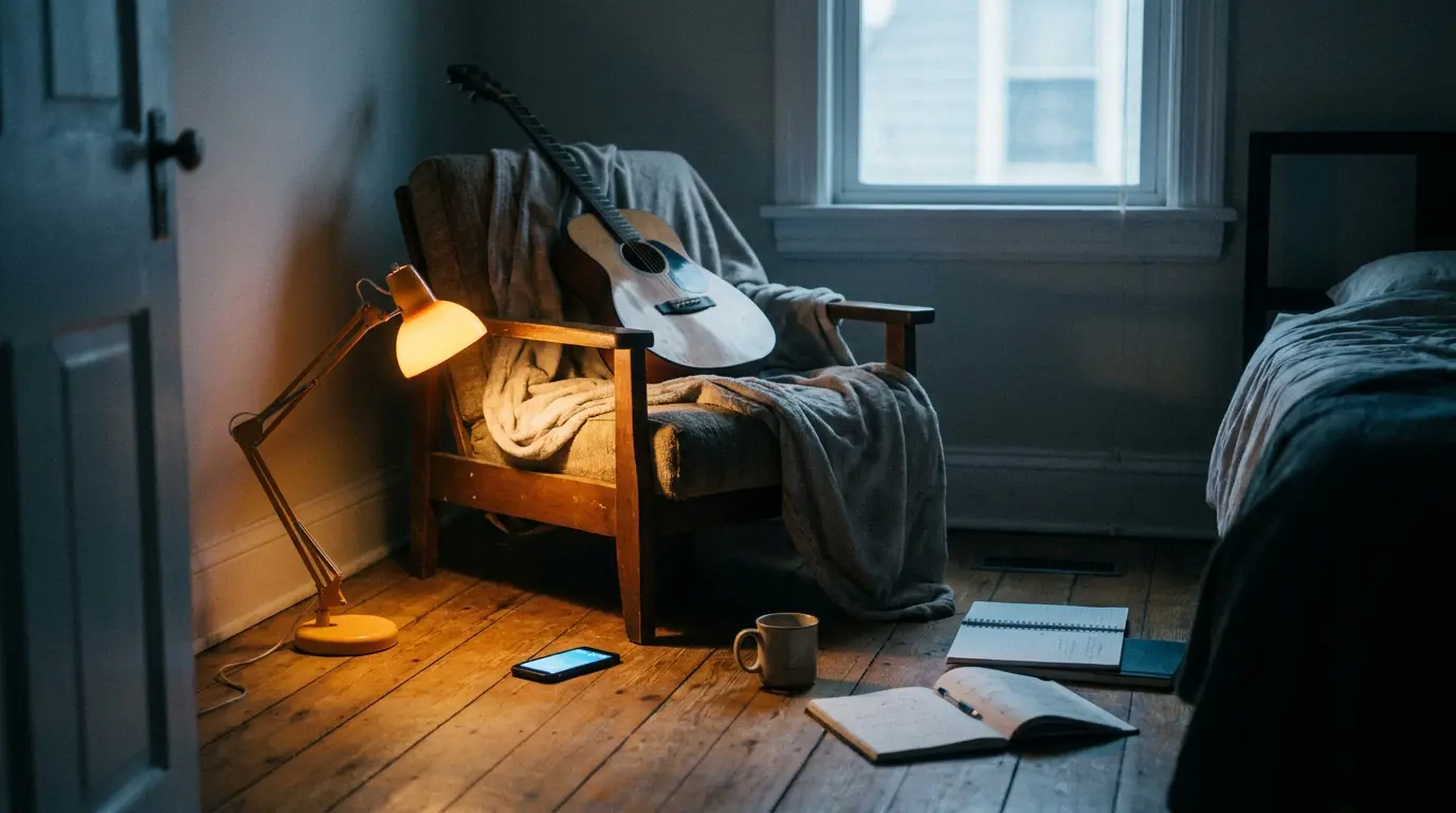 A guitar leaning by a chair in a dim room, warm lamp glow and cool morning shadows, phone on the floor.