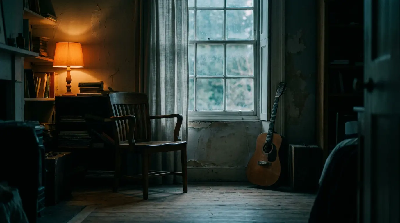 A lone chair and leaning guitar in a dim room, cool window light and a warm amber lamp glowing in the corner.