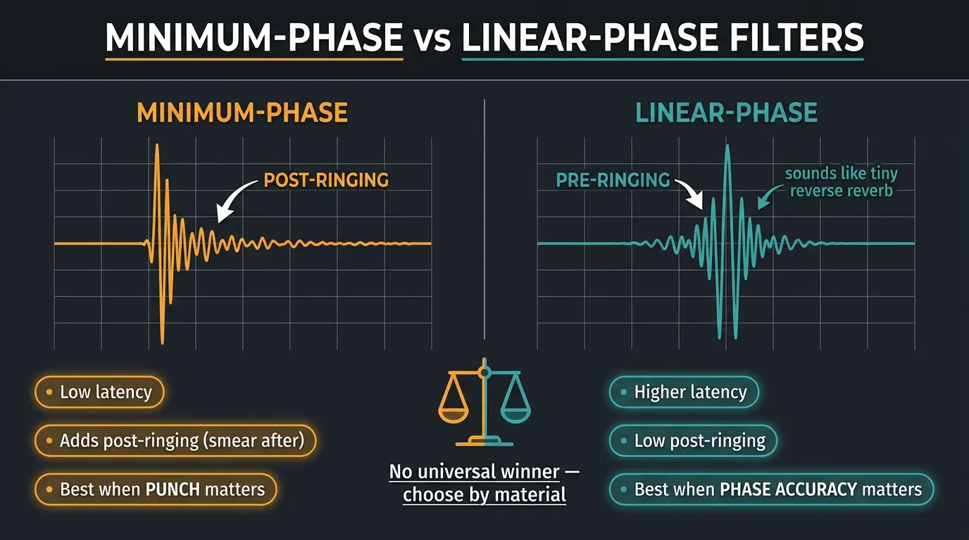 Comparison infographic showing minimum-phase post-ringing versus linear-phase pre-ringing on a drum transient.