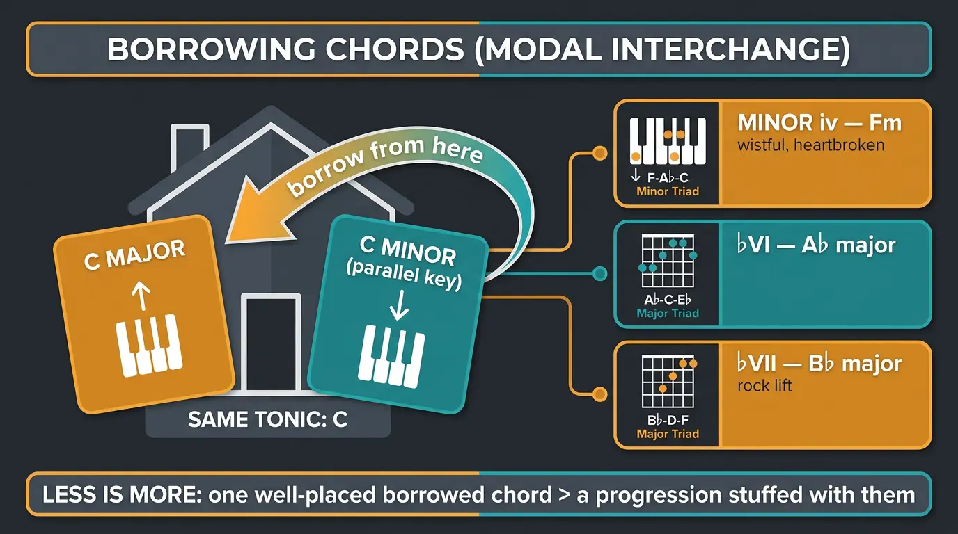 Infographic showing borrowing chords from C minor into C major: Fm, Ab, and Bb, with a less-is-more tip.
