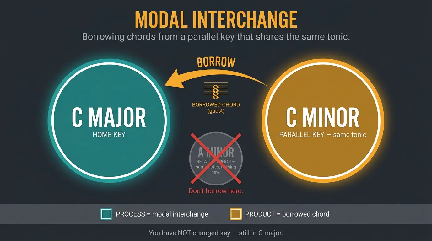 Infographic showing modal interchange: borrowing chords from parallel C minor into C major, not relative A minor.