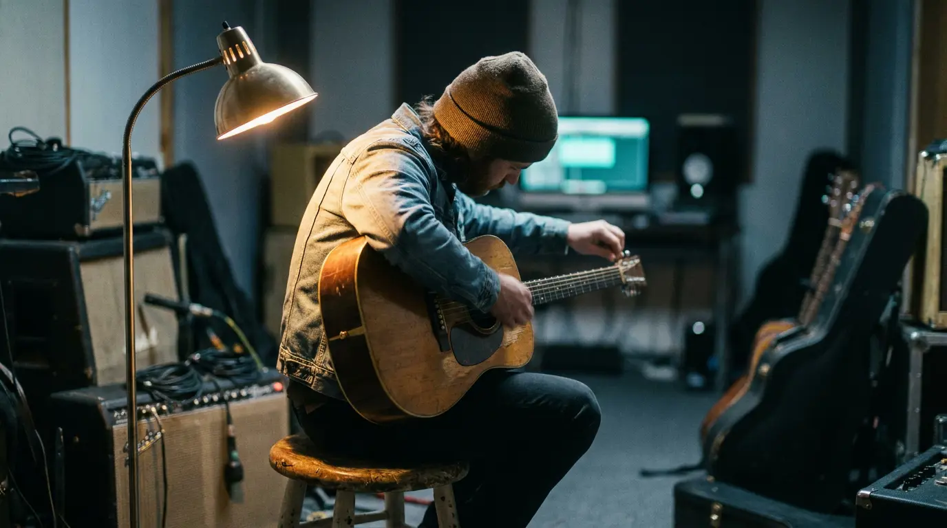 A guitarist seen from behind tuning an acoustic guitar under a warm lamp in a dark, moody studio room.
