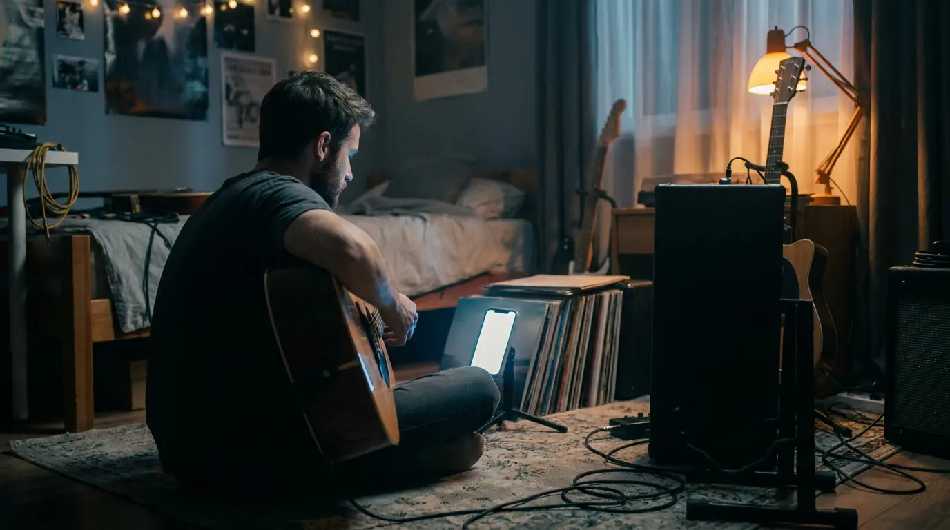 A musician sits on the floor tuning an acoustic guitar by the glow of a propped-up phone in a dim studio.