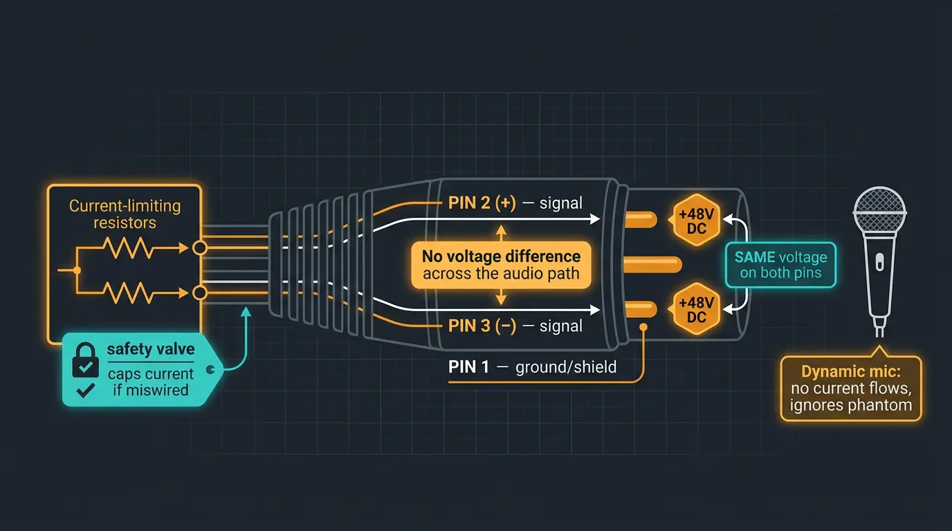 Infographic of an XLR showing equal +48V on pins 2 and 3, current-limiting resistors, and a dynamic mic ignoring phantom powe