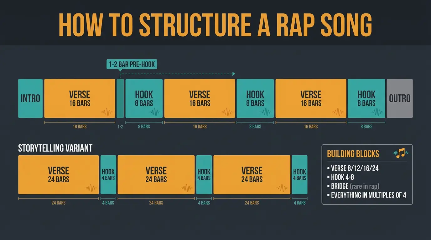 Infographic diagram of rap song structure showing verse-hook timeline blocks with bar counts and a storytelling variant.