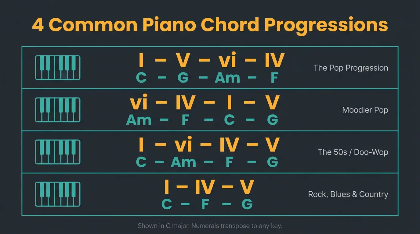 Infographic listing four common piano chord progressions with Roman numerals and C major chord names.