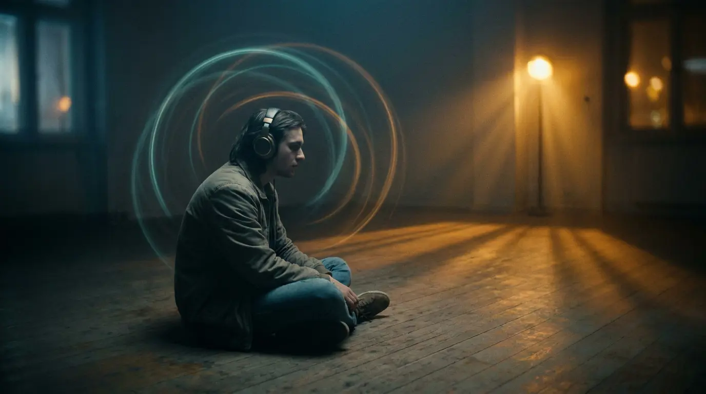 A person in headphones sits in a dark room as glowing light trails orbit their head.