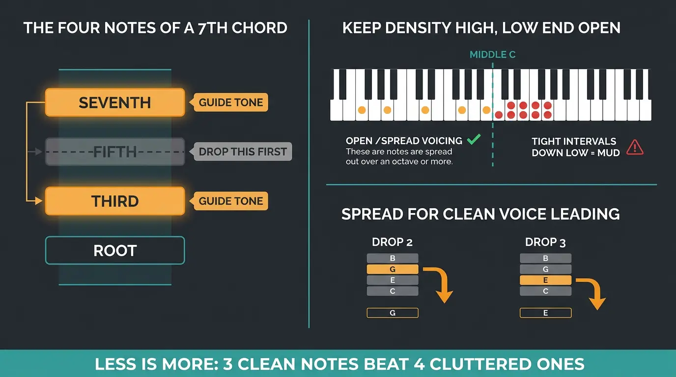 Infographic showing seventh chord notes, guide tones, dropping the fifth, open low voicings, and drop 2/drop 3 spreads.